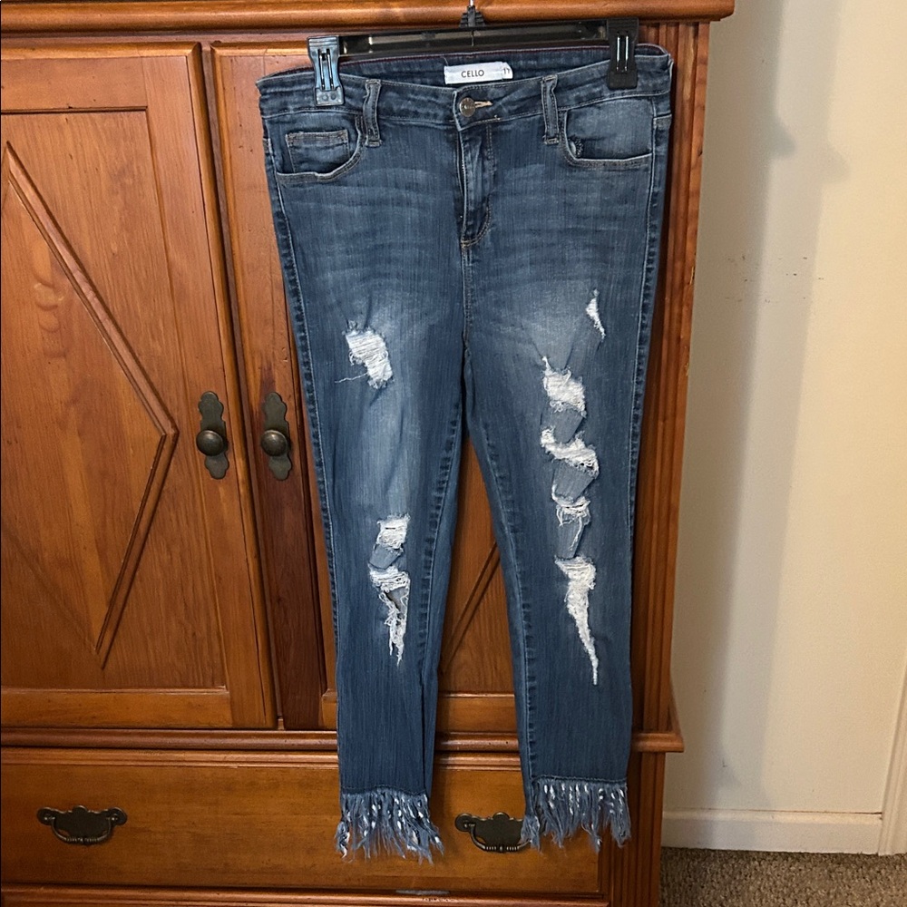 Cello Women's Distressed Blue Crop Jeans